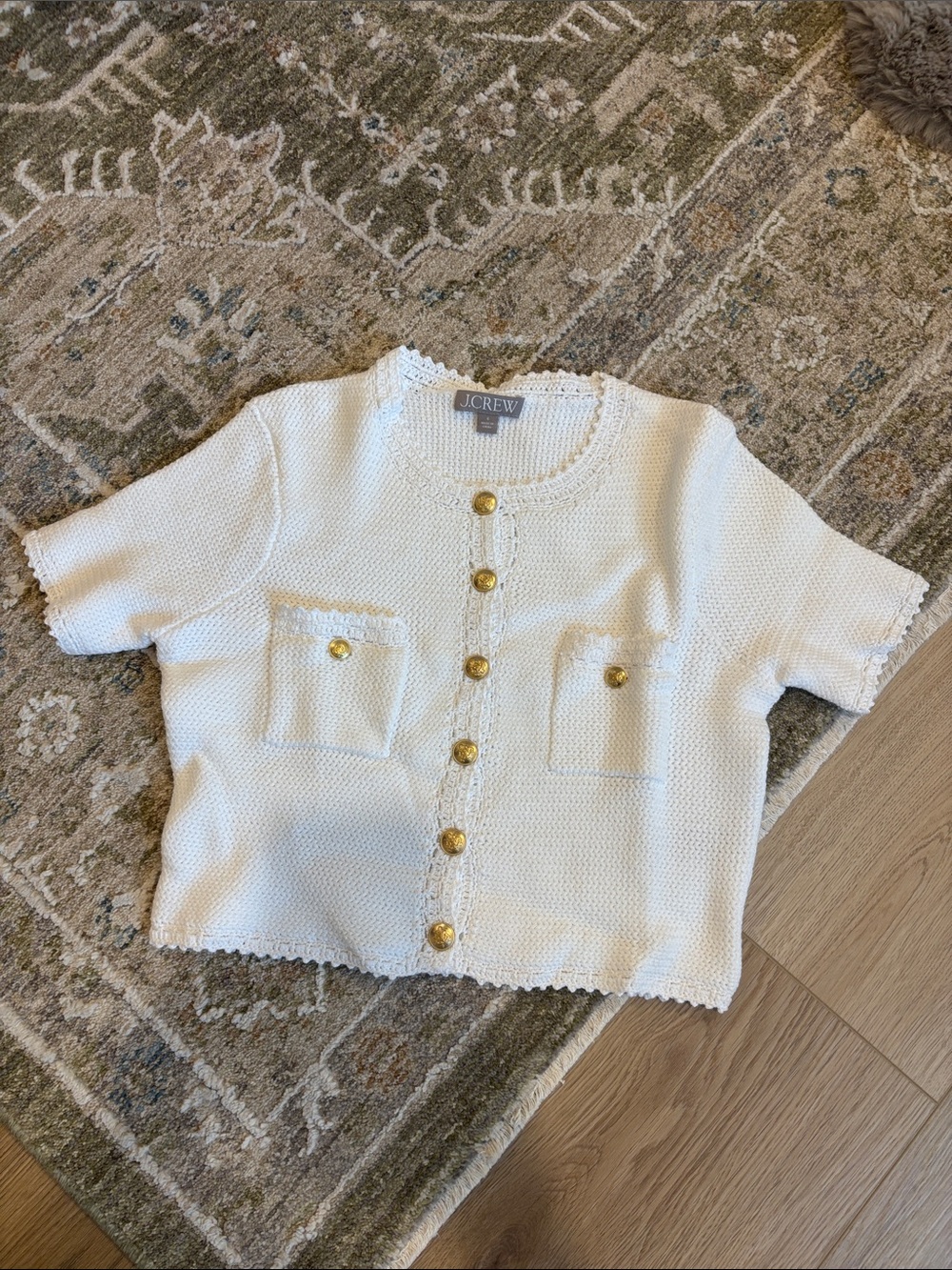 J. Crew White Short-Sleeve Knit Cardigan with Gold Buttons